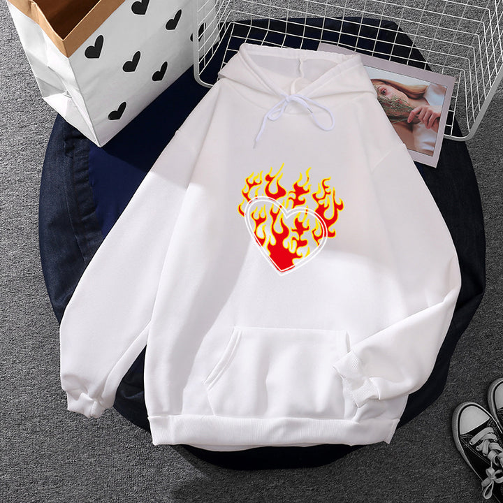 Damen nan leichter Oversize Kapuzenpullover mit Herz‑EKG‑Motiv, langen Kordeln und elastischem Bund Drune