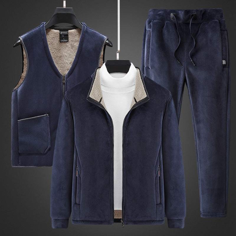 Herren wärmendes Fleece-Dreiteiliges Set mit Reißverschlussjacke, Teddyweste und Jogginghose Drune
