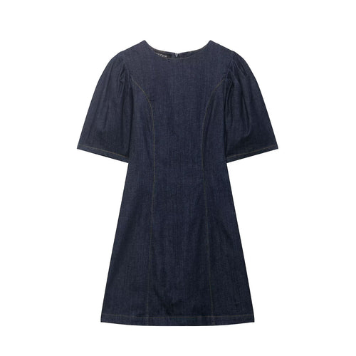 Damen A‑Linien Jeanskleid mit Puffärmeln und figurbetonten Abnähern Drune