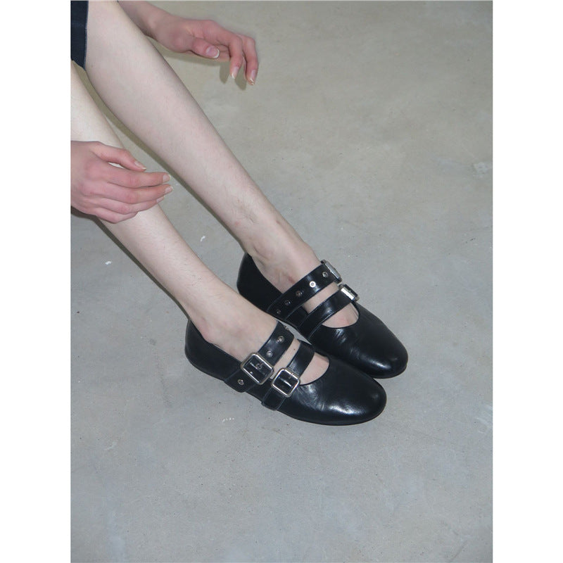 Damen Flache Mary‑Jane Slipper mit Doppelriemen, Metallösen und Dornschließen Drune