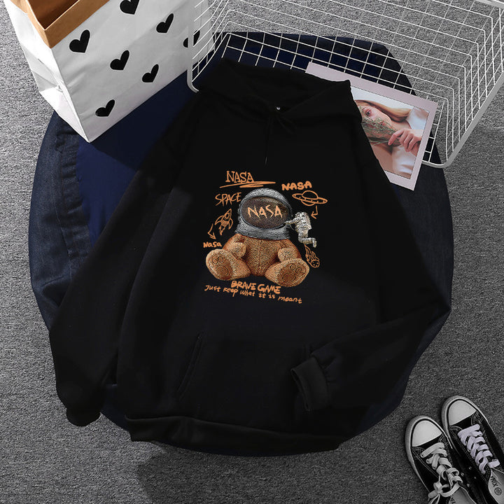 Damen nan lässiger Hoodie mit Astronauten‑Teddy‑Print, Kängurutasche und weichem Fleece-Innenfutter Drune