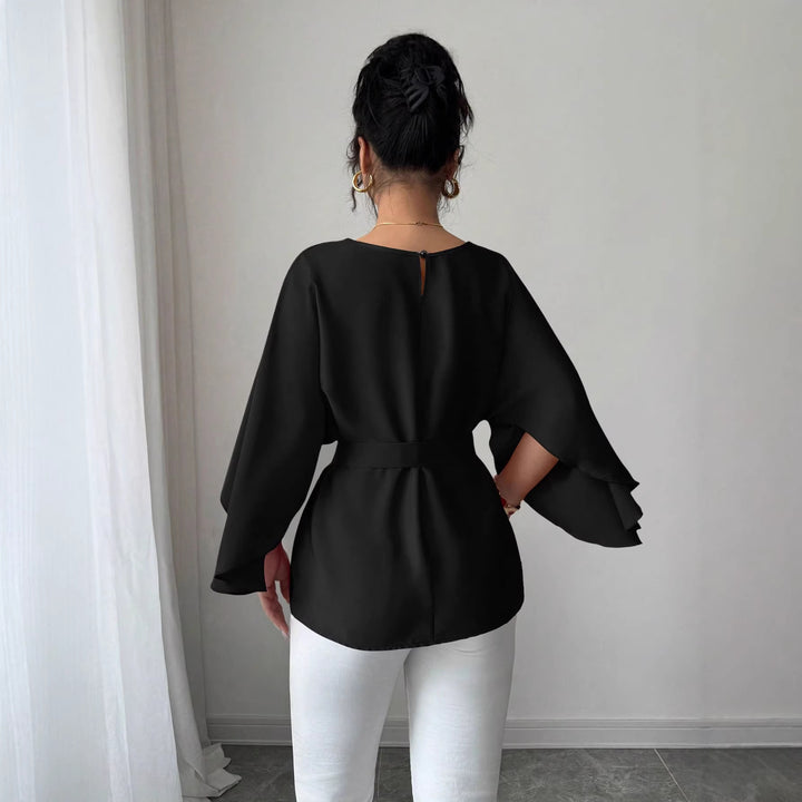 Damen Elegante Chiffon-Tunika mit Cape-Ärmeln und Taillengürtel Drune