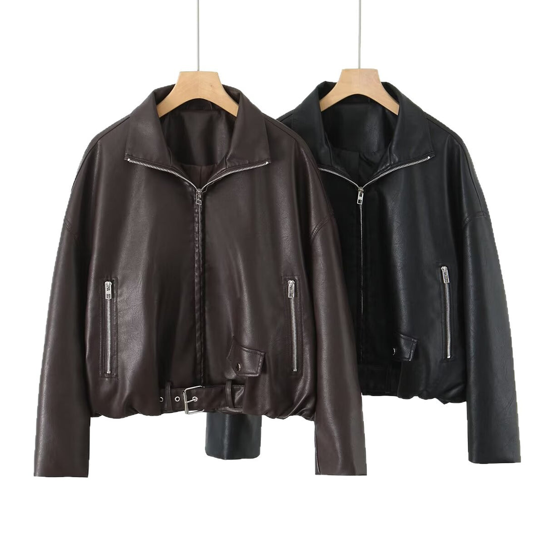 Damen Kunstlederjacke mit taillierbarem Gürtel und seitlichen Reißverschlusstaschen Drune