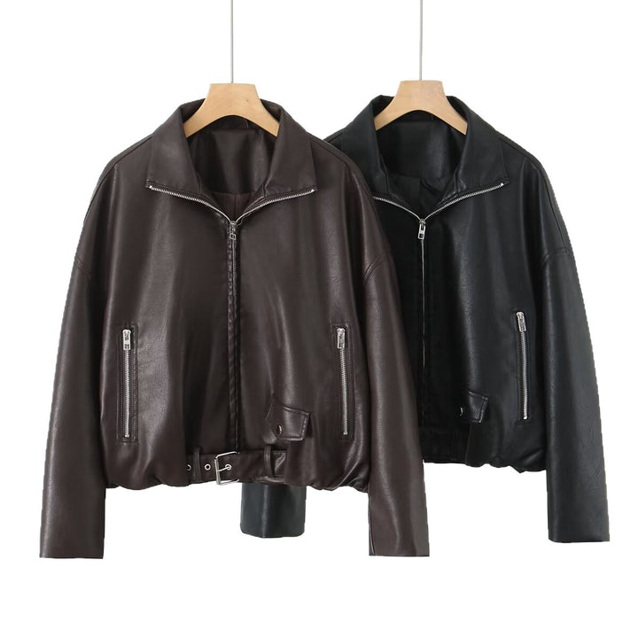Damen Kunstlederjacke mit taillierbarem Gürtel und seitlichen Reißverschlusstaschen Drune
