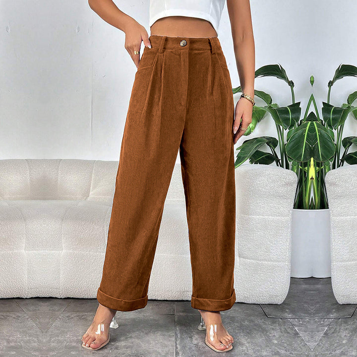 Damen hochgeschnittene Cordhose mit weitem Bein, Bundfalten und umgeschlagenem Saum Drune