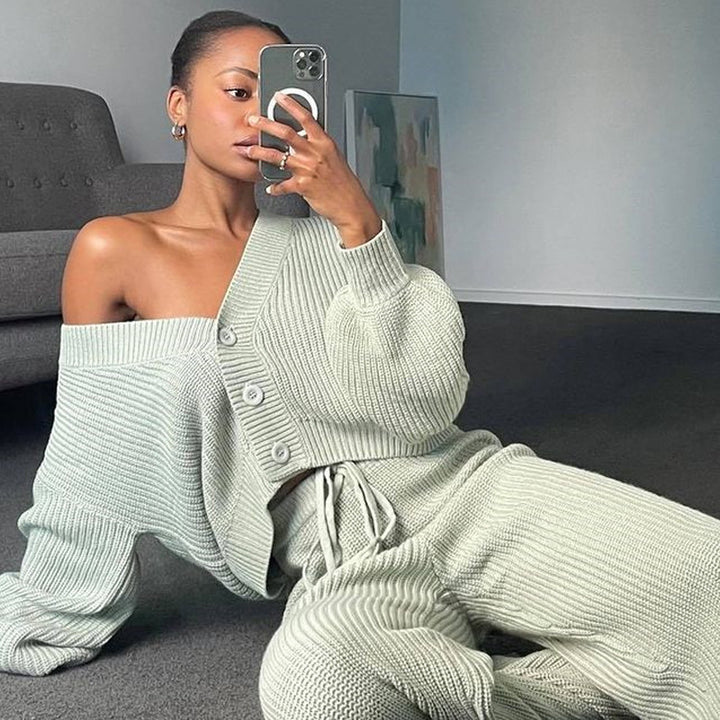 Damen Geripptes Strick-Loungewear-Set mit geknöpftem Cropped-Cardigan und High‑Waist Kordelhose Drune