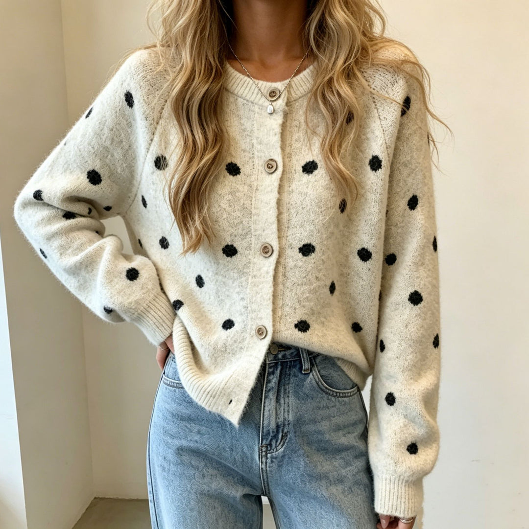 Damen Gepunkteter Mohair‑Optik Button‑Cardigan mit Rundhalsausschnitt Drune