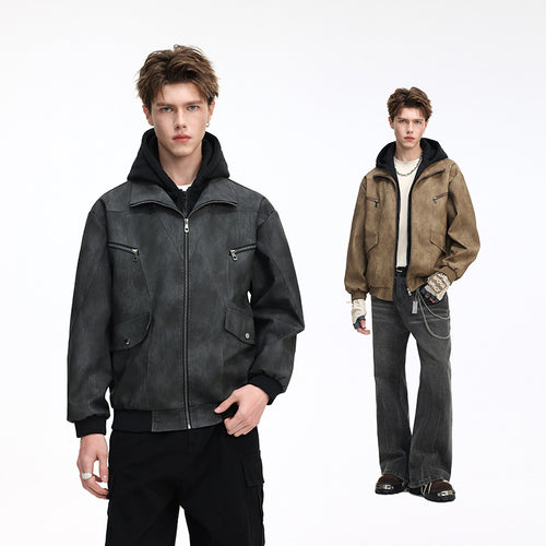Herren Oversize-Blouson aus Kunstleder mit abnehmbarem Kapuzen‑Einsatz, Stehkragen und Utility‑Taschen Drune