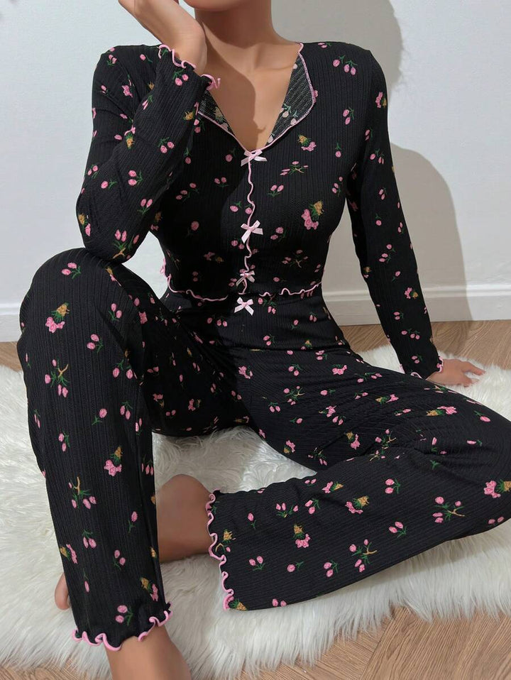 Damen Pyjama-Set mit zarter Rüsche und floralem Muster Drune