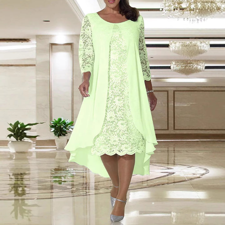 Damen nan elegantes Chiffon-Spitzenkleid mit Vokuhila-Überwurf und dreiviertelärmeln Drune