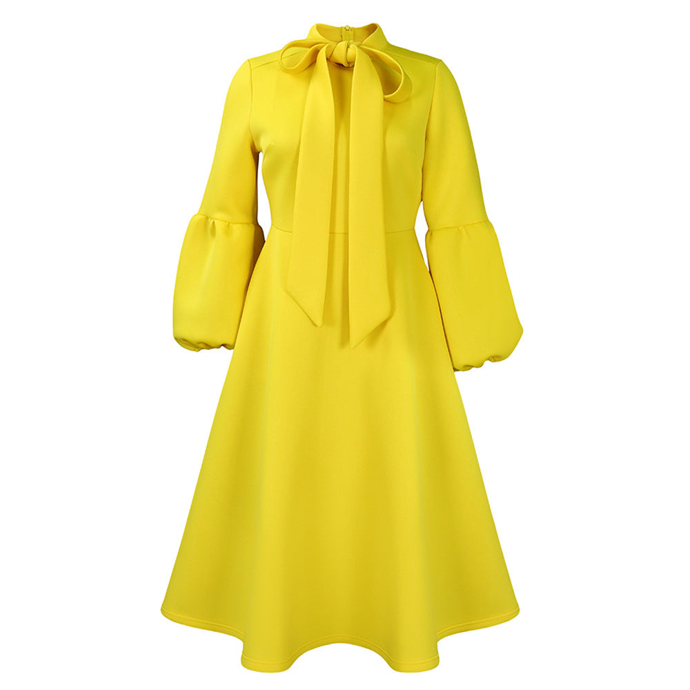 Damen Midi-Dress mit langen Puffärmeln und eleganter Schleife Drune