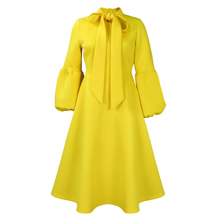 Damen Midi-Dress mit langen Puffärmeln und eleganter Schleife Drune