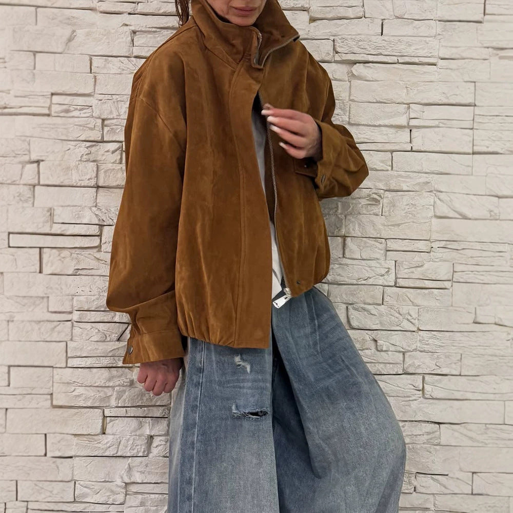 Damen Oversize Veloursleder-Blouson mit hohem Stehkragen und Metallreißverschluss Drune