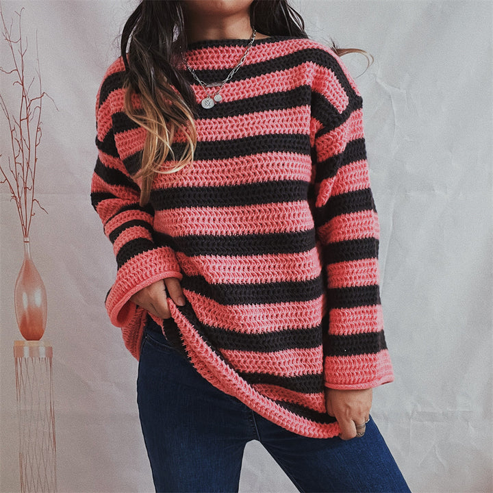 Damen lässiger Grobstrickpullover mit modernem Streifenmuster Drune