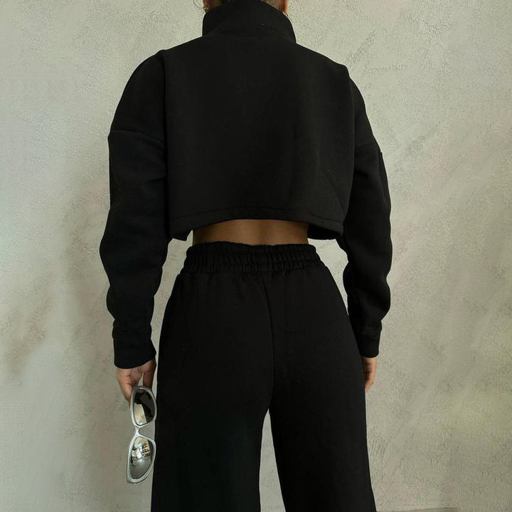 Damen nan kurzes Reißverschluss-Crop-Sweatshirt mit Stehkragen und hochtaillierter Jogginghose Set Drune