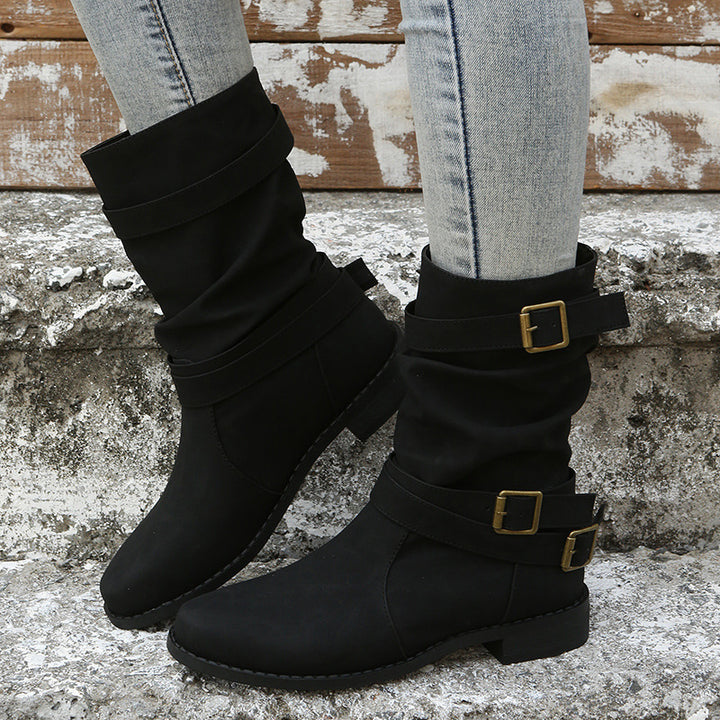 Damen nan lässige knöchelhohe Stiefelette mit gerafftem Schaft, dekorativen Schnallenriemen und flexibler Profilsohle Drune