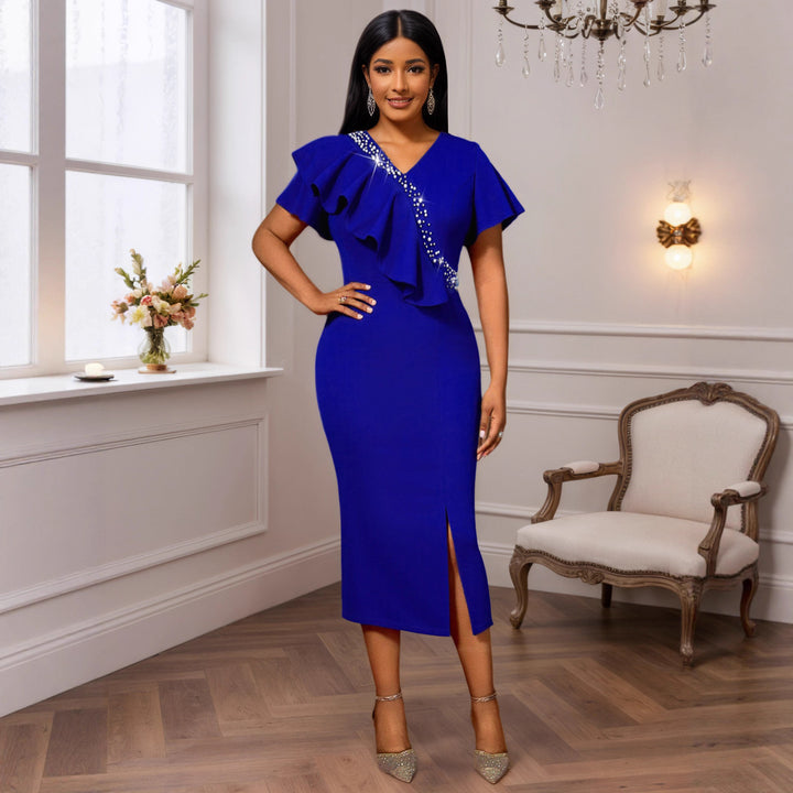 Damen figurbetontes Abendkleid mit asymmetrischem Rüschendesign und Glitzerdetails Drune