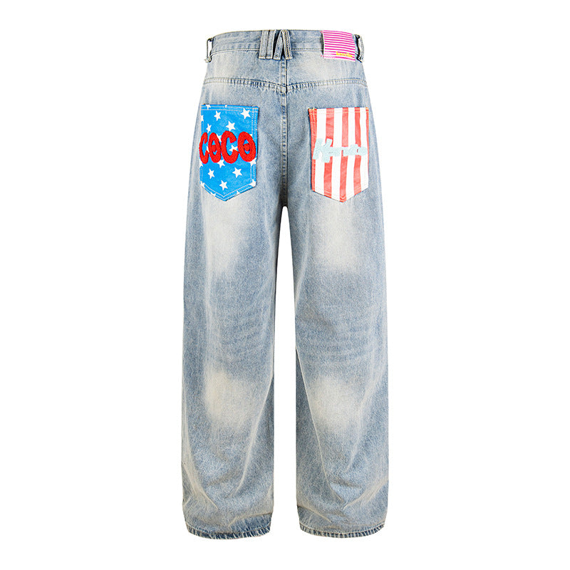 Damen Weite High‑Waist Jeans im Vintage-Look mit elastischem Saum und Statement-Stickerei Drune
