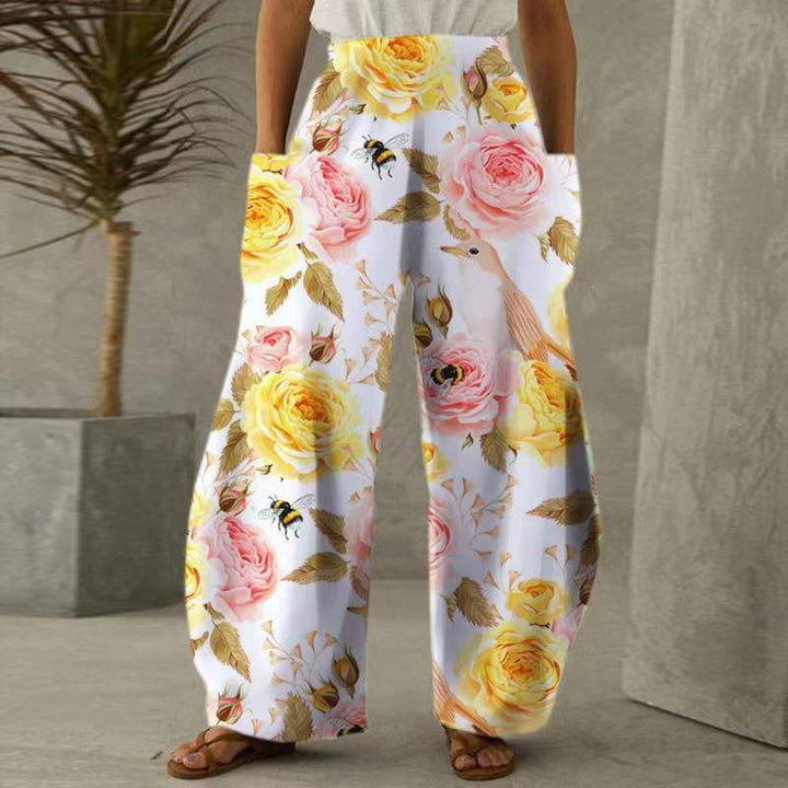Damen Weite Blumen-Hosen mit Taschen und elastischem Bund Drune