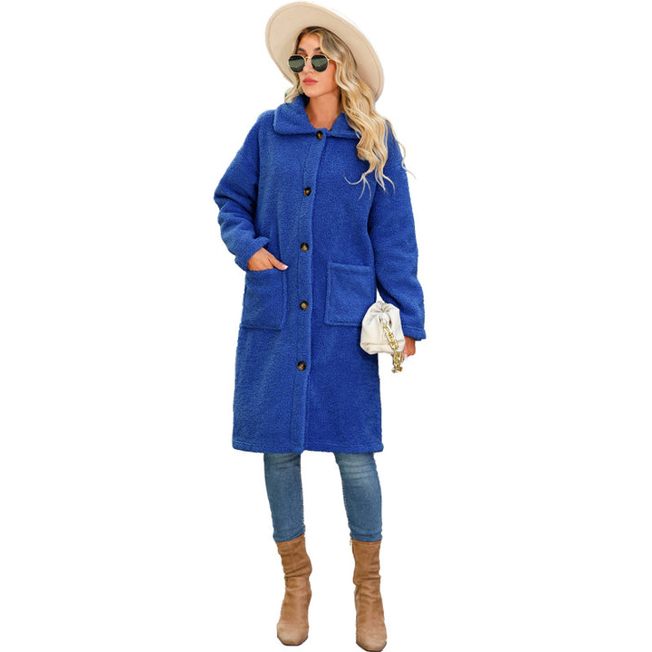 Damen Flauschiger Fleece-Mantel mit großen aufgesetzten Taschen und Knopfdetails Drune