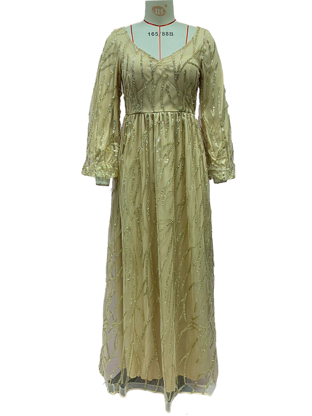Damen bodenlanges Abendkleid mit Perlenstickerei, Patchwork und V-Ausschnitt
