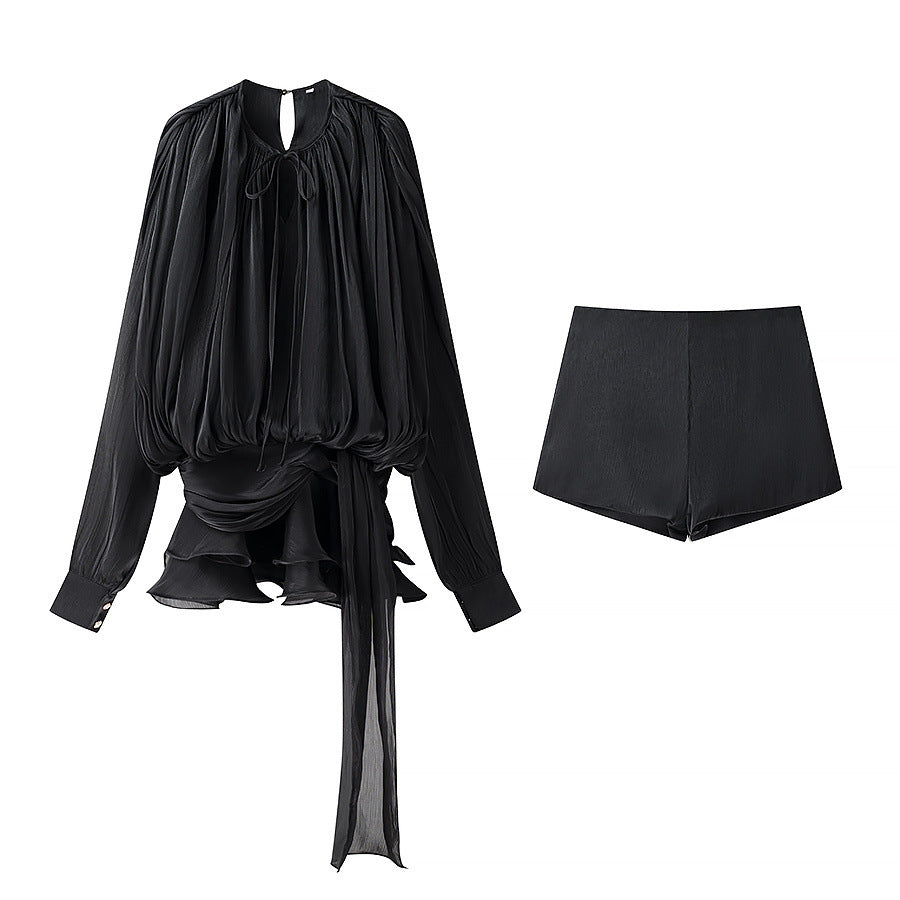 Damen nan luftiges Chiffon-Wickelblusen-Set mit Schärpe und Lagen-Shorts Drune