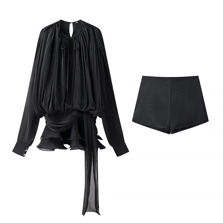 Damen nan luftiges Chiffon-Wickelblusen-Set mit Schärpe und Lagen-Shorts Drune