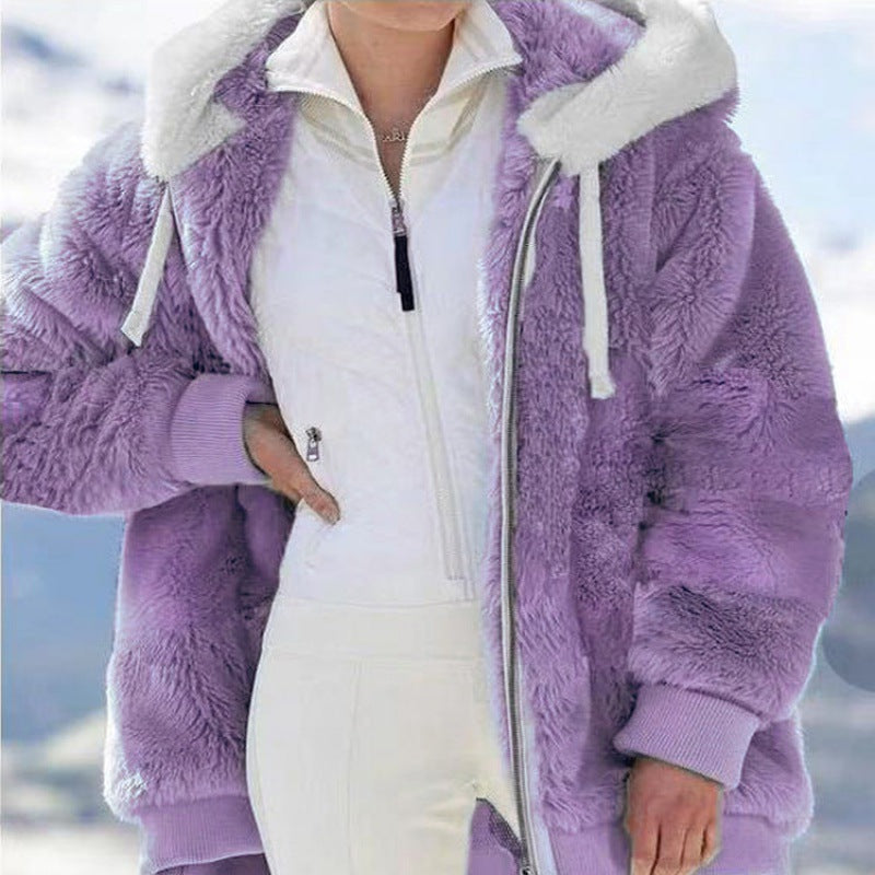 Damen Oversized Sherpa-Zipjacke mit Kontrastkragen, Rippbündchen und Kordelzug Drune