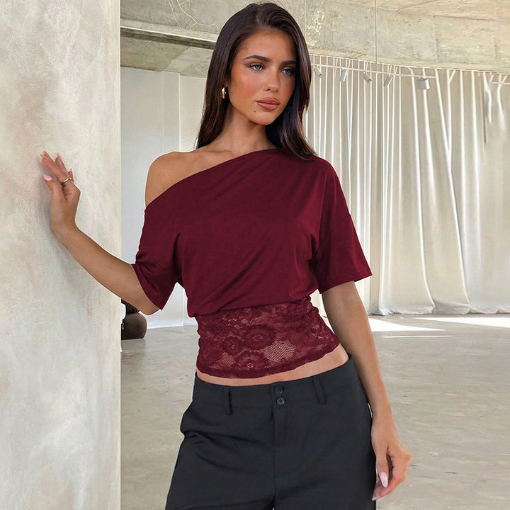 Damen Off-Shoulder Bluse mit Spitzenbund Drune