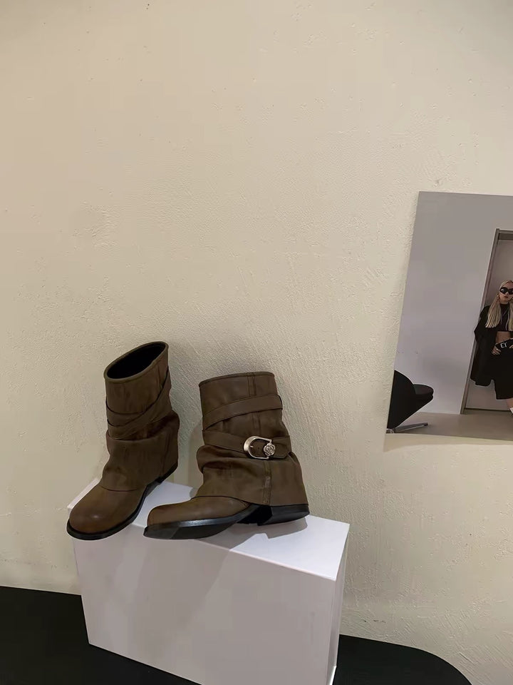 Damen Modische Stiefel mit Dekorativem Riemen Drune