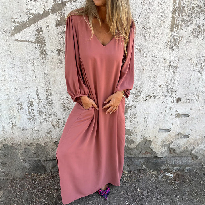 Damen Elegantes Midi-Kleid mit V-Ausschnitt und Puffärmeln Drune