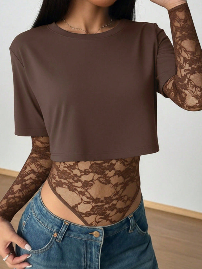 Damen Kurzschnitt-Shirt mit transparentem Spitzen-Bodysuit-Overlay Drune