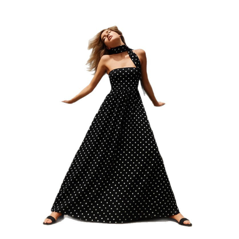 Damen nan bodenlanges Miederkleid mit Pünktchenmuster, weitem Tellerrock und fixiertem Halstuch Drune