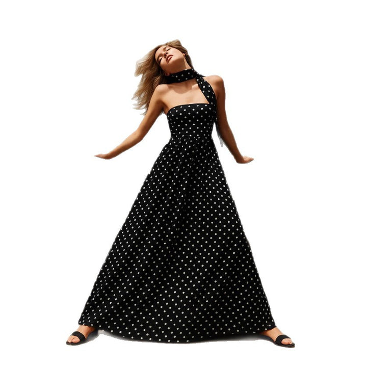 Damen nan bodenlanges Miederkleid mit Pünktchenmuster, weitem Tellerrock und fixiertem Halstuch Drune