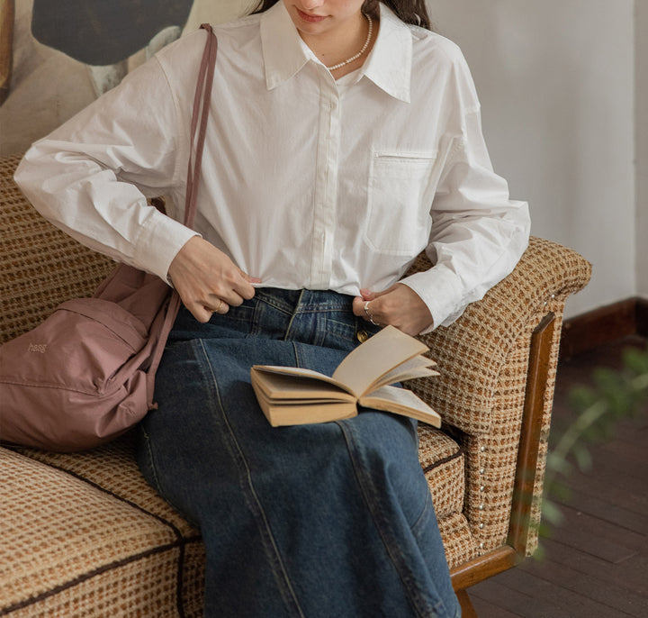 Damen Oversized Hemdbluse mit Brusttasche Drune
