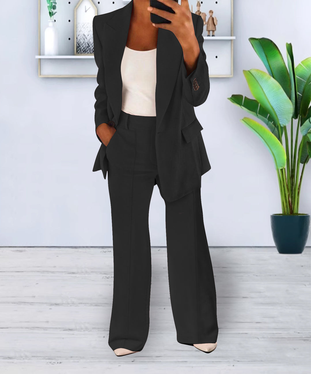 Damen Zweiteiliges Business-Casual Tailoring-Set mit Longline-Blazer und weitem Bundfalten-Hosenbein Drune