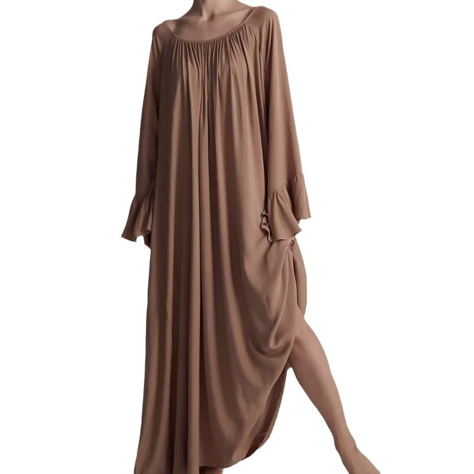 Damen Elegantes Maxi-Nachtkleid mit weiten Rüschensäumen und fließendem Schnitt Drune