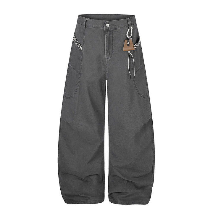 Damen Extraweite Palazzohose mit hoher Taille, Cargo‑Taschen und dekorativem Schlüsselanhänger Drune