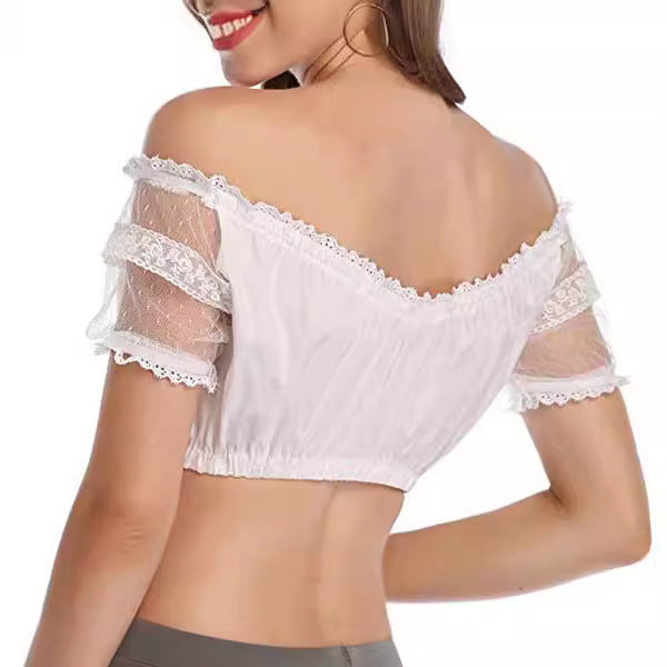 Damen  kurze Carmenbluse mit Spitzenärmeln und gerafftem Tunnelzug Drune