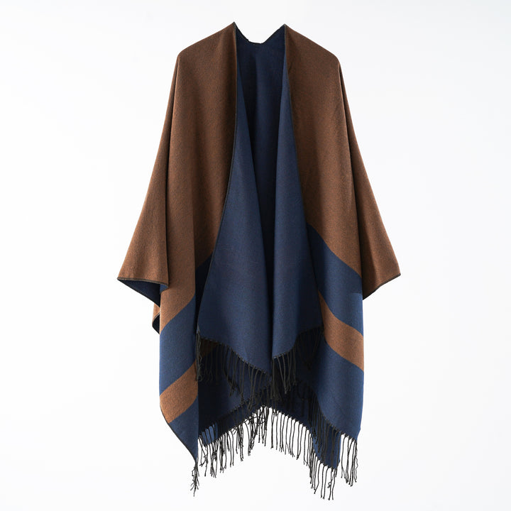 Damen Multifunktionaler Fransen‑Wickelponcho aus Wollmix mit doppellagigem Fall Drune