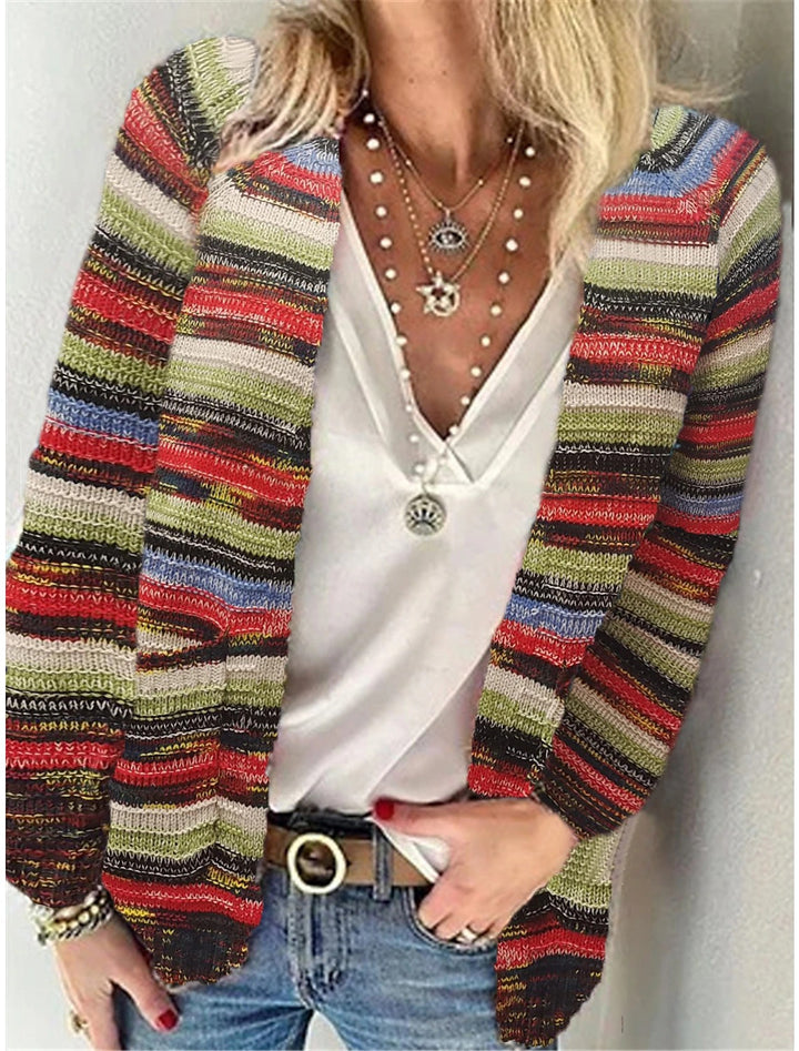 Damen Offen gestrickte Cardigan mit bunten Streifen und lässigem Schnitt Drune