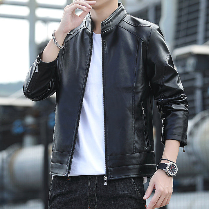 Herren Kunstleder‑Motojacke im Slim-Aviator-Cut mit hohem Stehkragen und Reißverschlussärmeln Drune