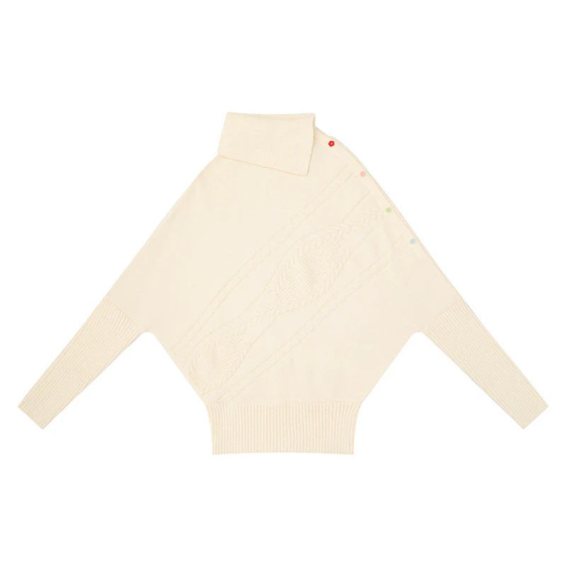 Damen Oversize-Pullover mit Rollkragen, asymmetrischer Schulter-Knopfleiste und Zopfstrick-Details Drune