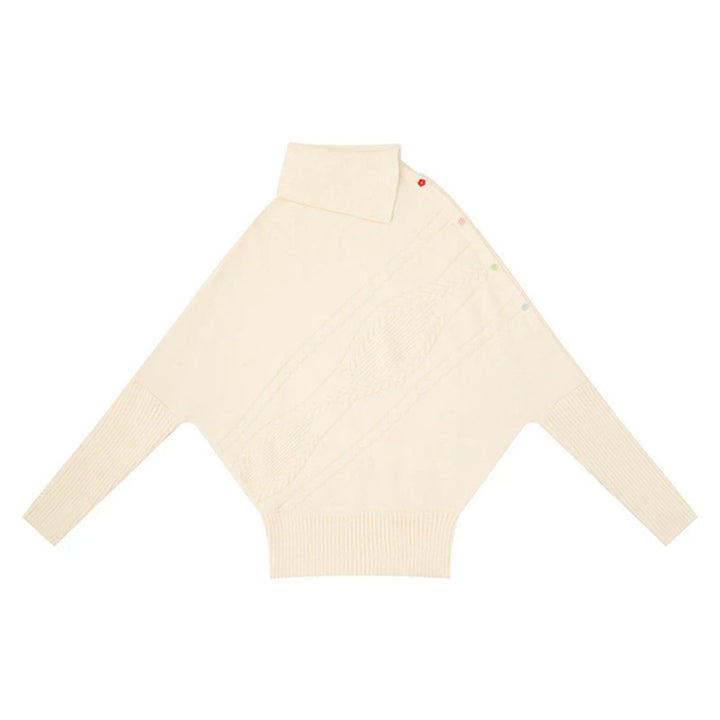 Damen Oversize-Pullover mit Rollkragen, asymmetrischer Schulter-Knopfleiste und Zopfstrick-Details Drune