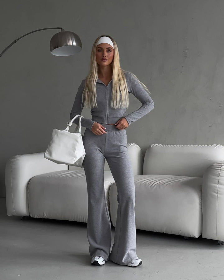 Damen lässiger Fitnesstraininganzug mit Reißverschluss und weiten Beinen Drune
