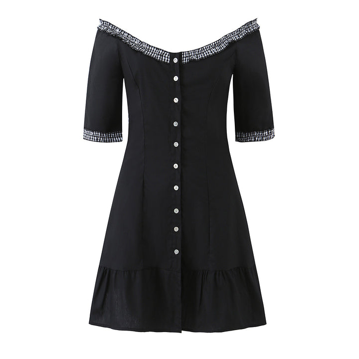 Damen Off-Shoulder Carmenkleid mit Knopfleiste, taillierter A‑Linie und kariertem Rüschenbesatz Drune