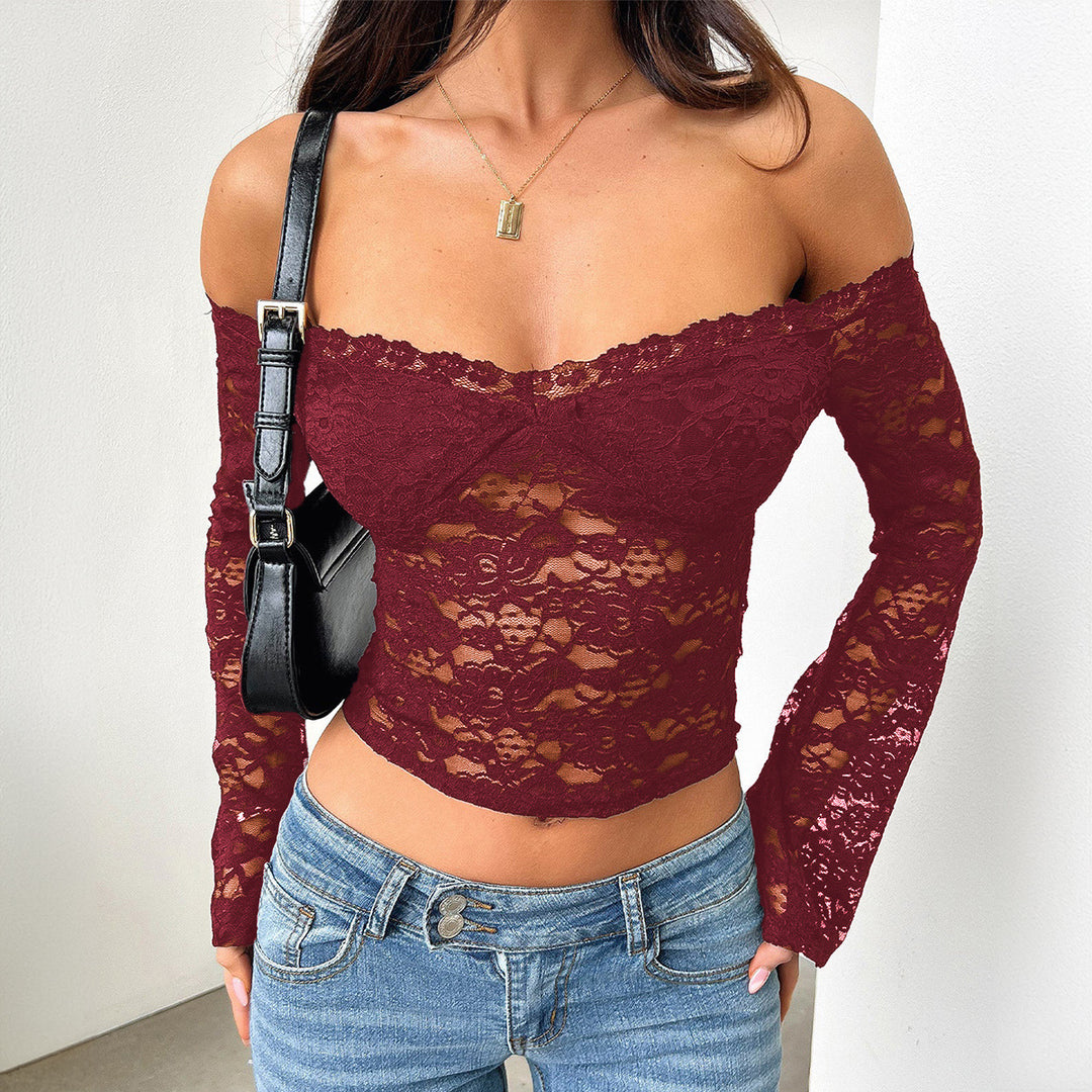 Damen Spitzentop mit Schulterfreiem Design und Volantärmeln Drune
