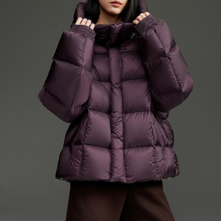 Damen Kurze Boxy‑Steppjacke mit Oversize‑Ärmeln, hohem Thermokragen und Kapuze Drune