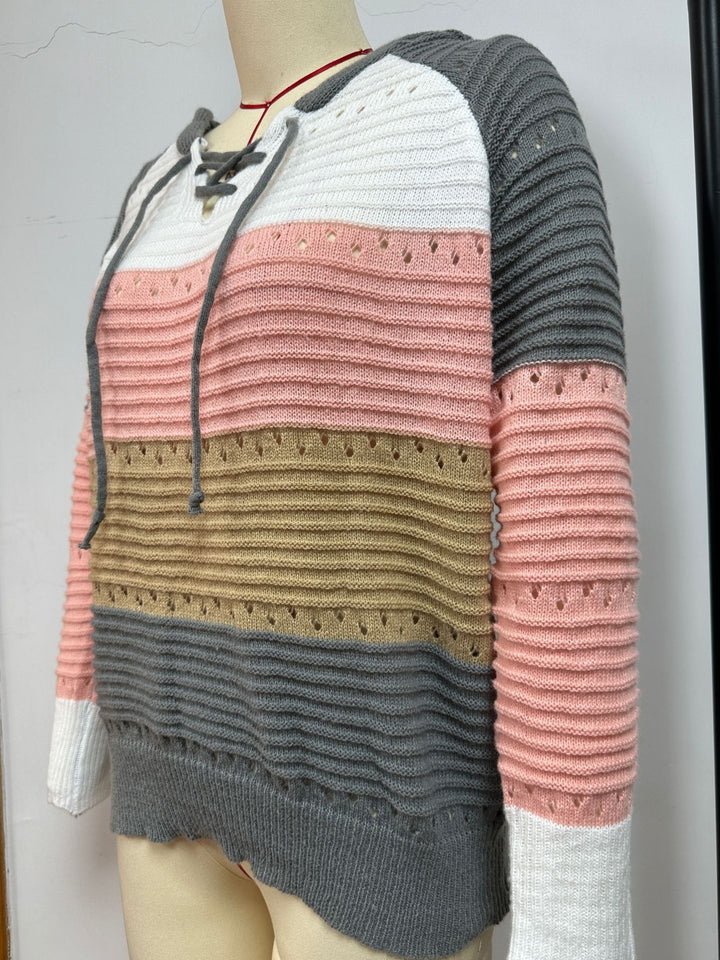 Damen lässiger Sweatshirt mit dekorativen Schnürdetails und Strukturmuster Drune