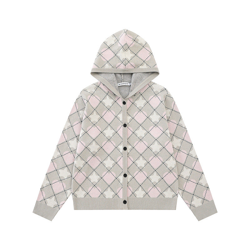 Damen Strick-Kapuzenjacke mit Rautenjacquard und Knopfleiste Drune